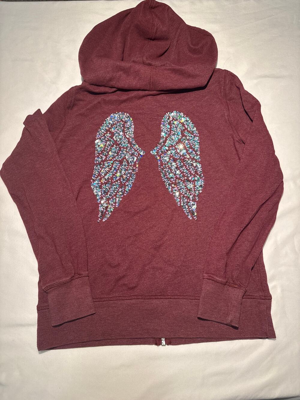 Victorias Secret Bling Sequin Angel Wing Full Zip Hoodie XS Wine Silver Blue